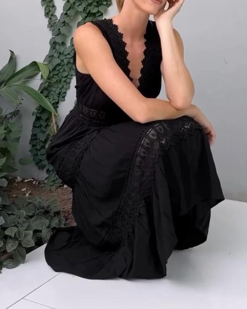 LOISA - LACE TRIMMED V NECK DRESS