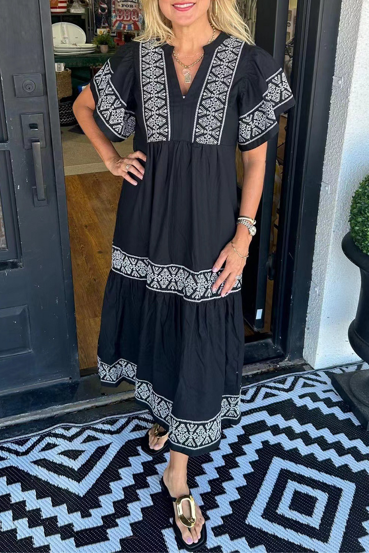 ESTELLA - GEOMETRIC PATCHWORK V-NECK A-LINE DRESS